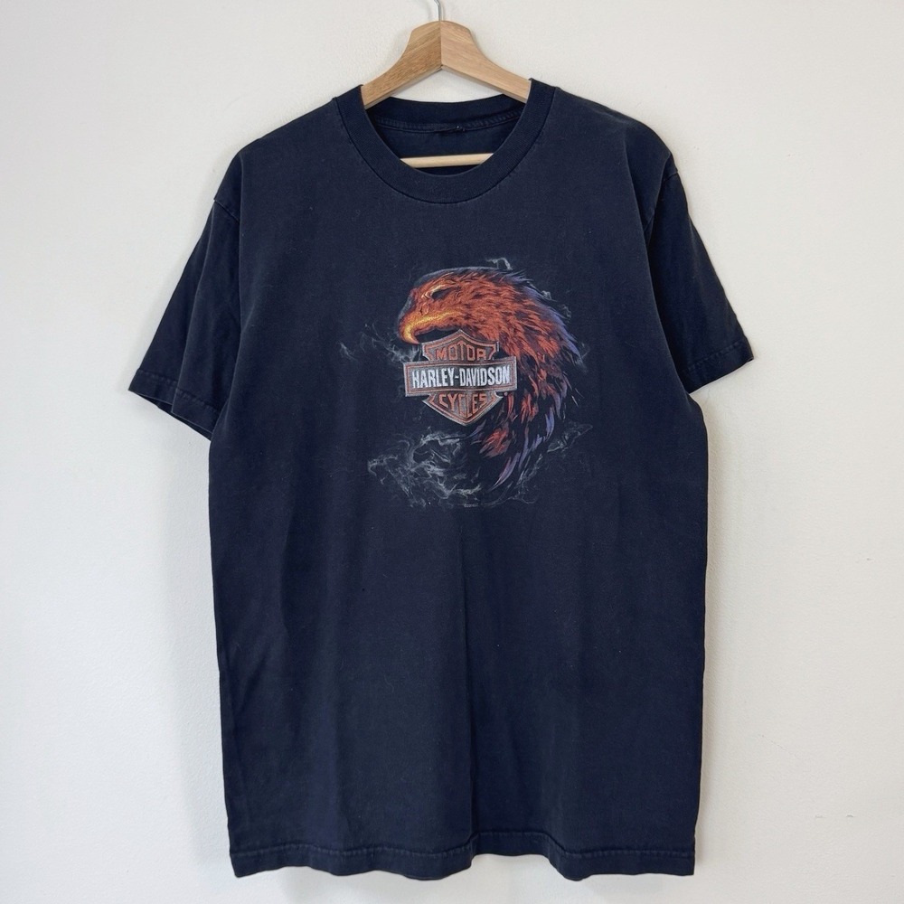 Vintage Harley Davidson Eagle Flames Fire Motorcycle Black Tee Shirt - Large